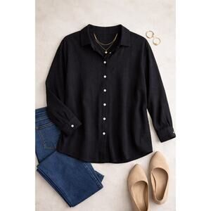 Black Button Front Blouse 2XL Long Sleeve Textured Stretch Top